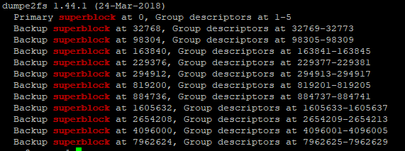 dumpe2fs /dev/vda2 | grep superblock вывод всех сперблоков