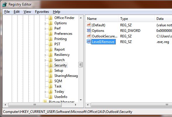 Level1Remove - разблокируем небезопасное вложение в outlook через реестр
