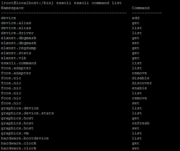 вывести все команды esxcli