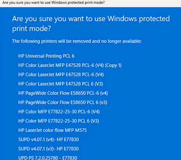 При включении Windows protected print mode несовместимые принтера и драйвера удаляются