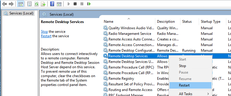 Перезапуск службы Remote Desktop Services в Windows Server