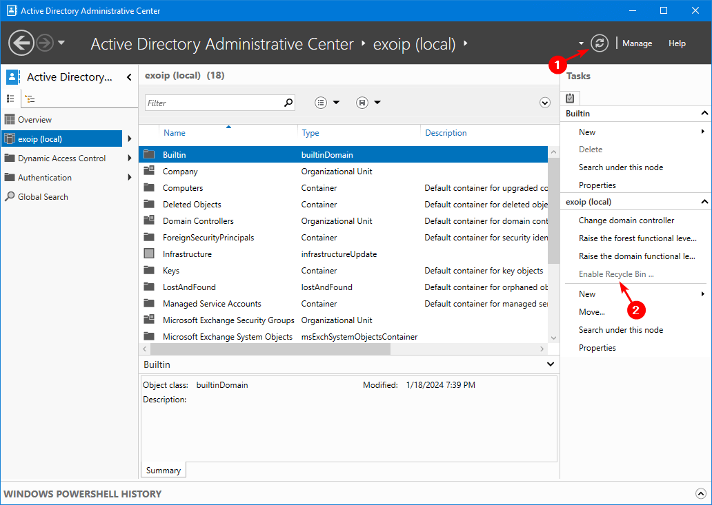 Включение корзины Active Directory в Windows Server 05