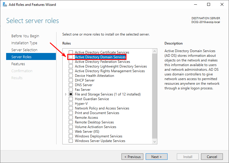 Выбор роли Active Directory Domain Services