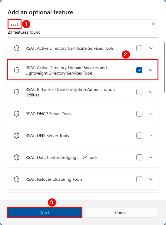 Выбор RSAT Active Directory Domain Services в Windows 11