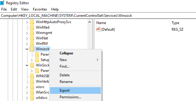 сохранить ветку HKEY_LOCAL_MACHINE\SYSTEM\CurrentControlSet\Services\WinSock