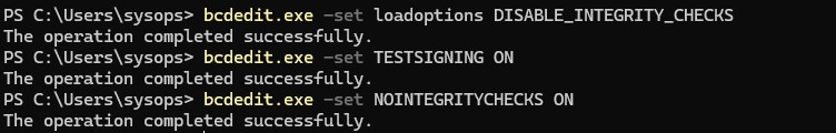 bcdedit.exe loadoptions-DISABLE_INTEGRITY_CHECKS