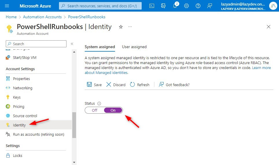 Включение system-assigned managed identity.