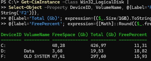 powershell: информация о занаятом/сводобном месте на разделах