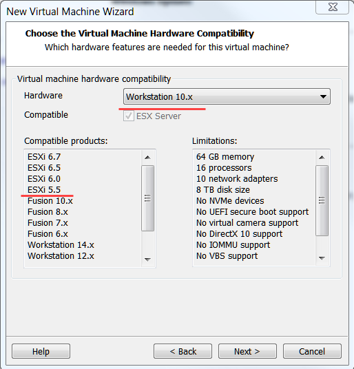 совместимость ВМ с esxi 5.5