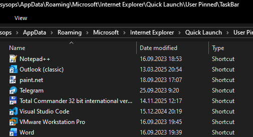 Каталог с ярлыками закрепленных приложений Windows: Quick Launch\User Pinned\TaskBar