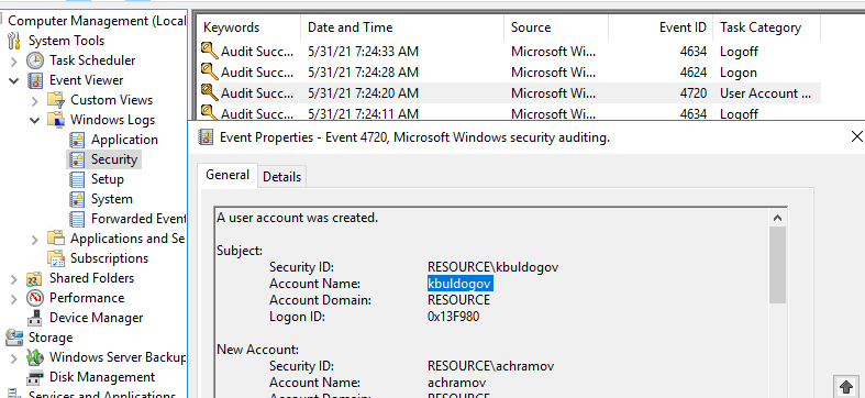 событие 4720 от User Account Management - A user account was created