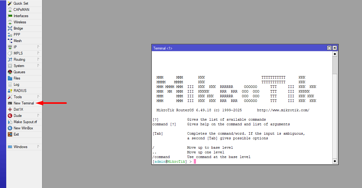 Открытие New Terminal в MikroTik WinBox