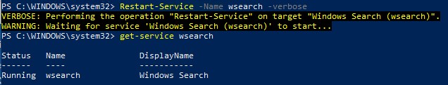 powershell перезапустить службу поиска windows