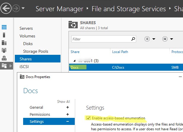 Включить access based enumeration для сетевой папки на windows server через manager