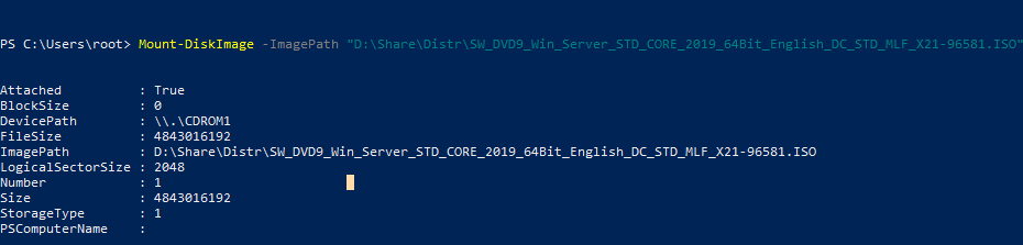 Mount-DiskImage команда powershell