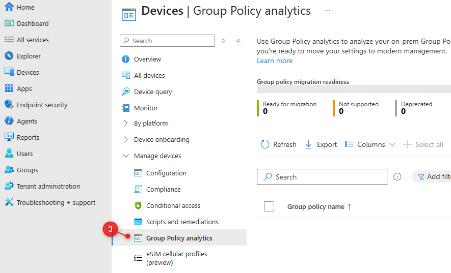 Раздел Group Policy Analytics в Intune.