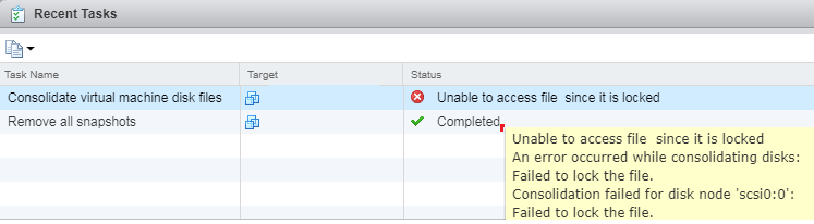 An error occurred while consolidating disks: Failed to lock the file