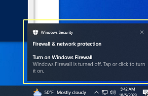 Отключить всплывающее уведомление об отключённом файерволе в Windows