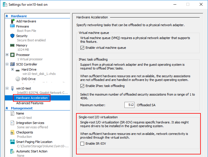 включить single root I/O virtualization в настройках виртуальной машины Hyper-V