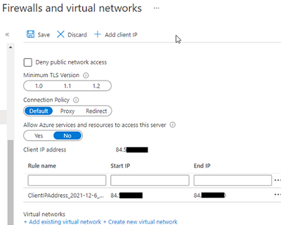 настройи файервола базы данных azure