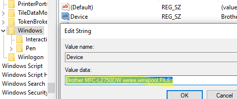 Настройки принтера по умолчанию в реестре Windows