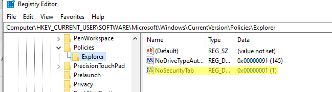 отключить Nosecuritytab в реестра