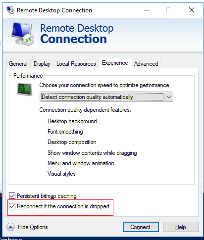 Настройка автоматического переподключения в клиенте Remote Desktop
