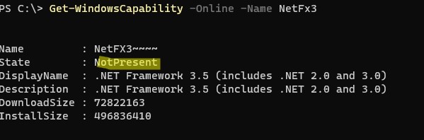 Get-WindowsCapability NetFx3 не установлен в Windows 11
