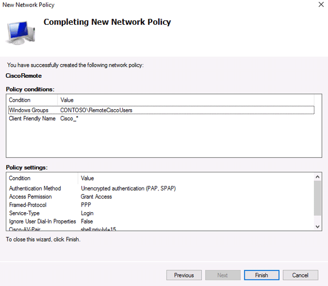 Итоговые параметры политики Cisco RADIUS в NPS