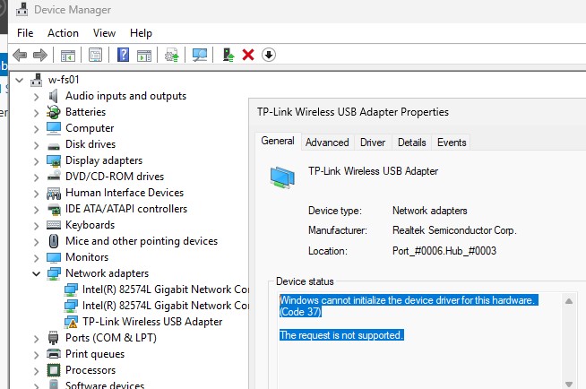 Windows Server не можете инициализовать wifi адаптер, код ошибки 37