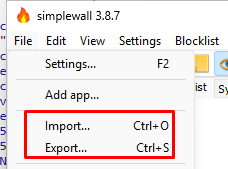 Импорт и экспорт правил simplewall