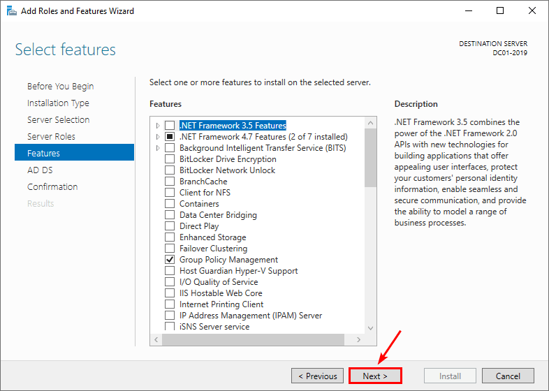 Выбор компонентов Windows Server при установке AD DS