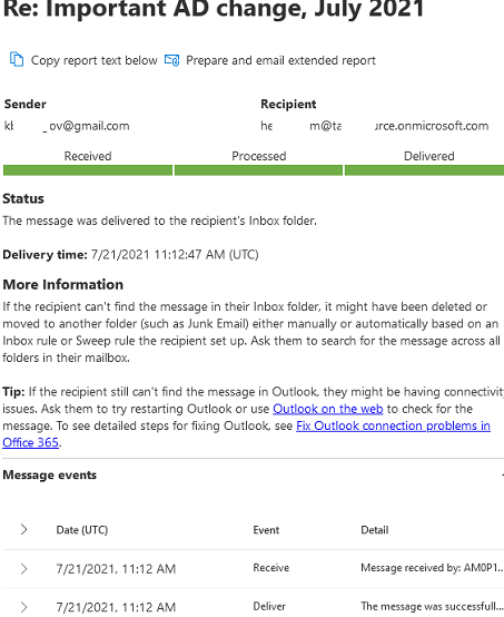 статус доставки письма в microsoft 365