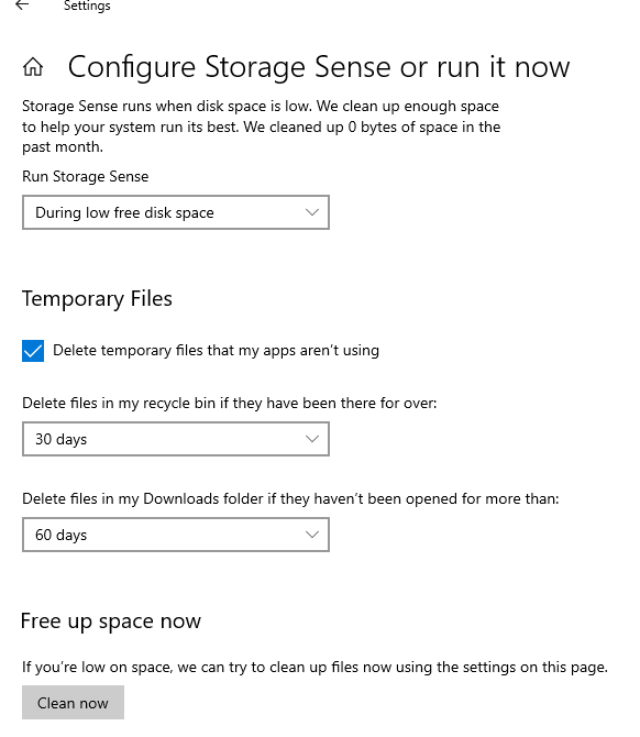 параметры автоматической очистки диска в windows 10