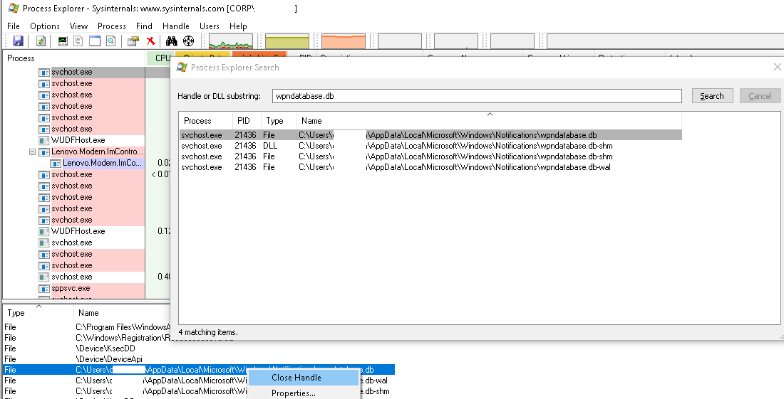 process explorer найти и завершить дескриптор процесса