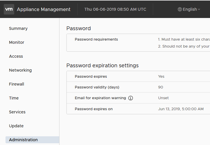 vmware appliance - password expiration settings