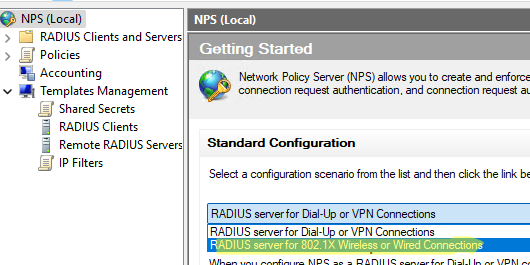 Выбор конфигурации RADIUS для Wi-Fi 802.1X в NPS