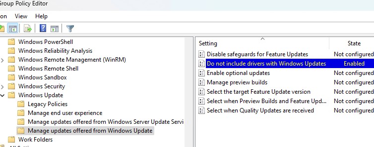 Политика Не включать драйверы в обновления Windows