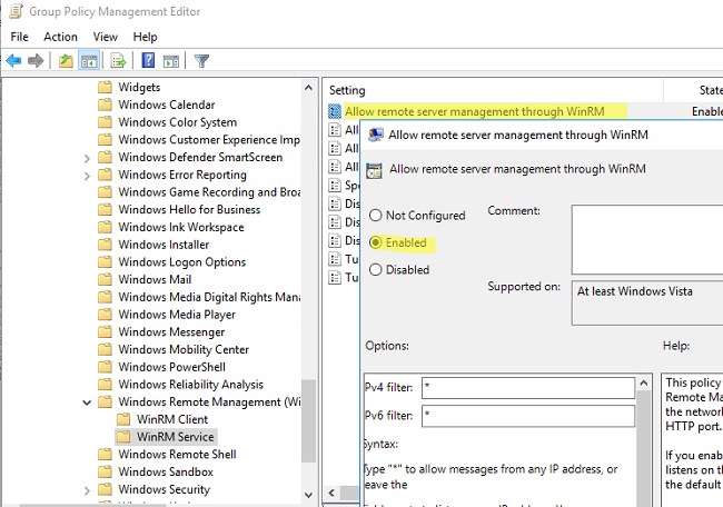 Allow remote server management through WinRM параметр для включения winrm