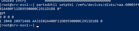 создать таблицу разделов vmfs: partedUtil setptbl 