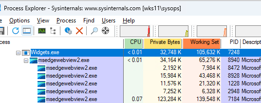 Процесс widgets.exe использует много памяти