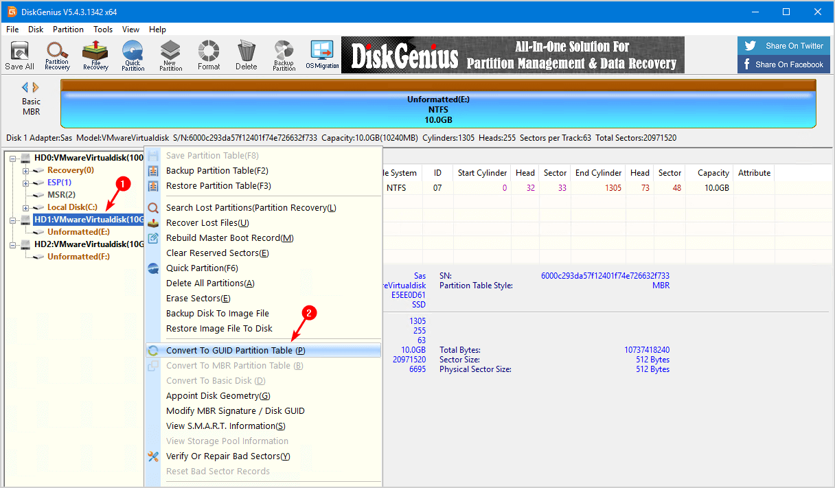 Convert To GUID Partition Table в DiskGenius