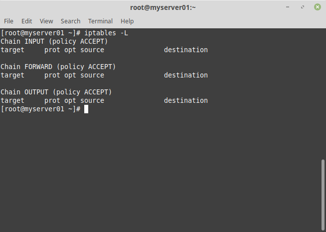 iptables -L - таблицы правил файервола в centos redhat