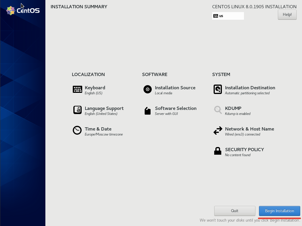 начать установку centos 8