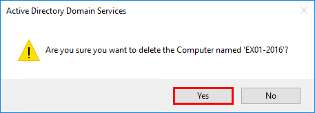 Подтверждение удаления Exchange Server из Active Directory