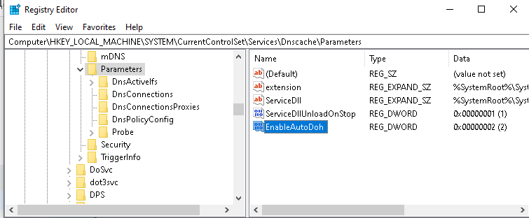 EnableAutoDoh параметр реестра для включения DNS-over-HTTPS в windows 10