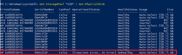 Get-StoragePool *S2D* | Get-PhysicalDisk
