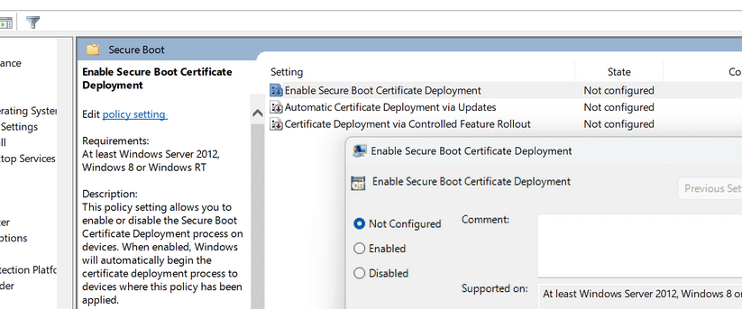 Параметр GPO Enable Secure Boot Certificate Deployment 