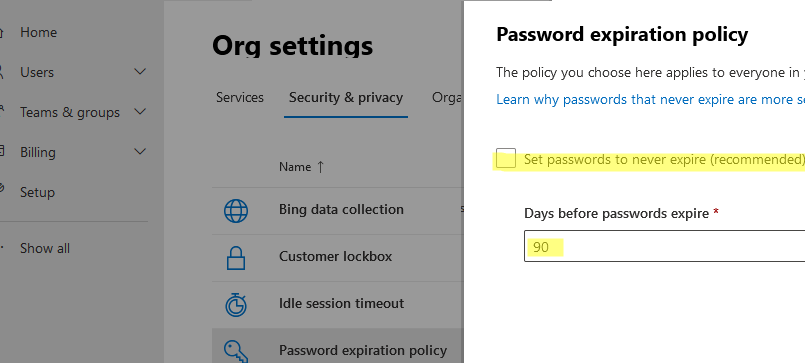 политика срока действия пароля в azure ad