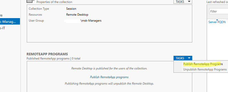 Опубликовать программу RemoteApp Programs из консоли Server Manager